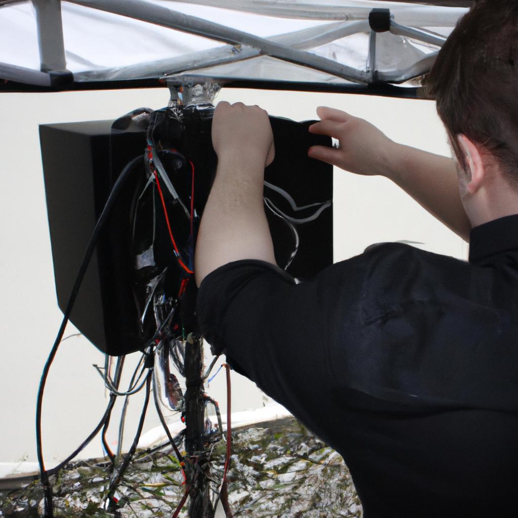 Person setting up audio-visual equipment